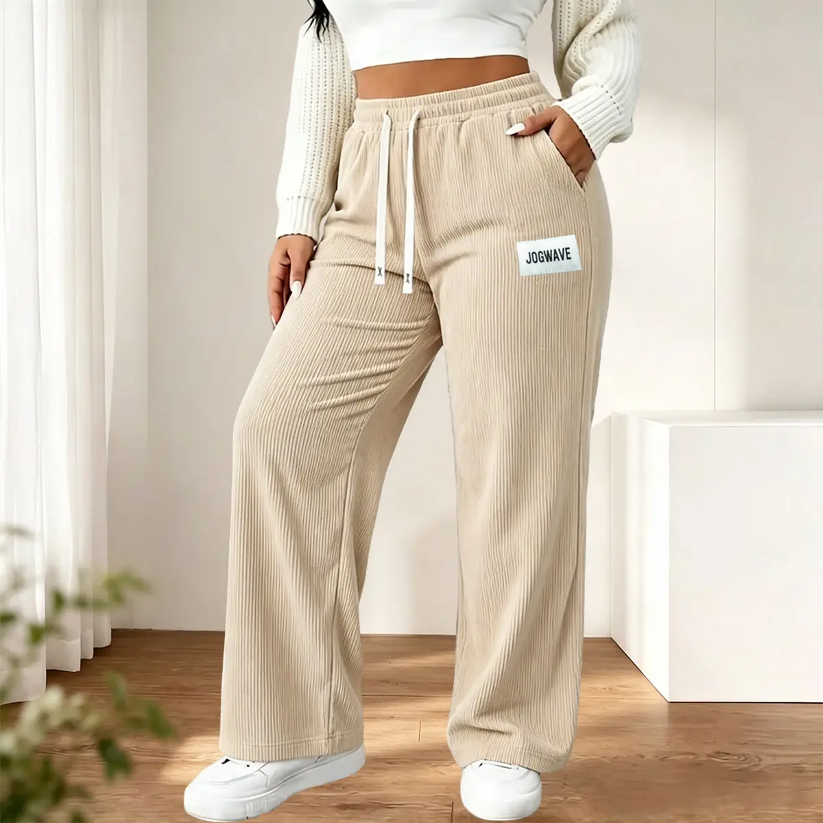 Plus-size  Drawstring Corduroy Pants, Striped Corduroy Wide‑Leg Straight Trousers, Elastic Waistband with Back Pockets, Basic Minimalist Comfy Casual Womenswear, Back to School Outfits for College Campus Daily Wear