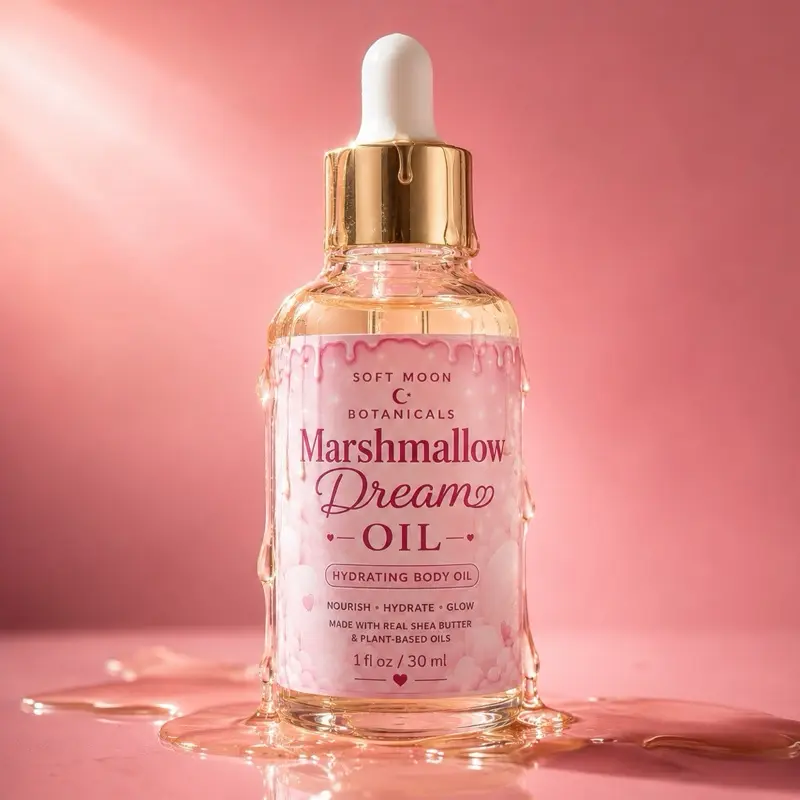 Marshmallow Dream Beauty Body Oil - Daily Cosmetic Moisturizer with Signature Scented Sweet Marshmallow Aroma, Smooth Glowing Skin, RadiantLightweight Non-Greasy, Aromatherapy, Targeted for Dry Skin, Soft Skin, Travel-Friendly Sample Size, Signature Scent