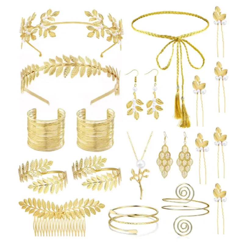 21 Pcs Greek Goddess Costume Accessories Set for Women Golden Leaf Headband Hair Clips Upper Earrings Arm Cuff Earrings Belt Toga Party Jewelry