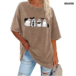 Holafish Acid Washed Shirt Halloween Black Cat & Cute Ghost Print Tee for Men & Women, 100% Cotton Casual Graphic T-shirt, Spooky Season Crewneck, Halloween Gift Top