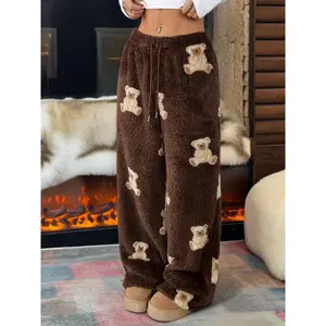 Women's Plush Bear Print Winter Pajama Pants Cozy Fleece Thermal Lounge Pants Elastic Cuff Drawstring