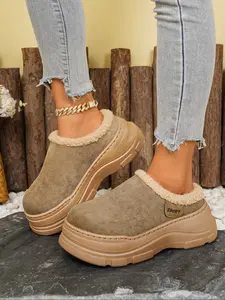 Women's Large Size Thick Sole Rubber Casual Slippers, 36-45 Sizes, Three Colors Available, Spring & Fall Warm Fleece Lining, Textile Upper