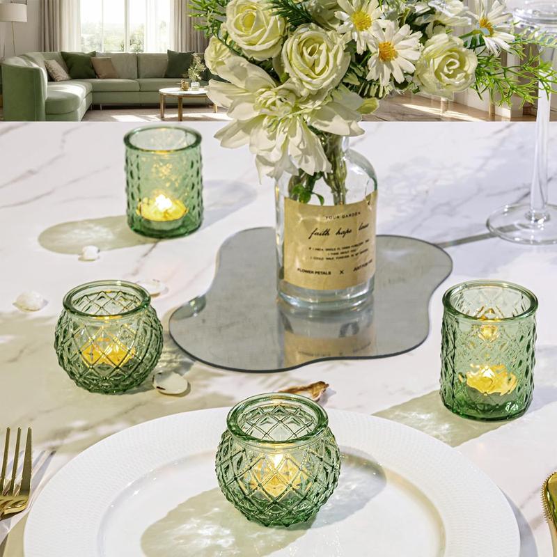 A 24-Piece Set of Transparent/ Blue/ Amber/ Green Glass Candle Holders, include: 12 Round Cups and 12 Textured Cups, Suitable for Weddings, Parties, and Home Decoration