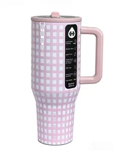 HydroJug 40oz pink checkered straw cup made of stainless steel, providing excellent heat retention and cold preservation! It's super convenient to use with one hand. Perfect for commuting, exercising, and outdoor activities.