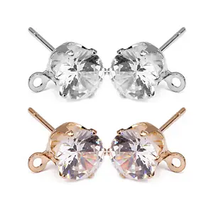 20-40pcs/lot Copper CZ Zircon Stud Earrings Diameter 6/8mm Post Stud With Loop Clasps Findings for DIY Earring Making Supplies