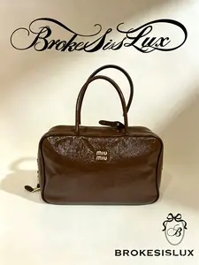 Pre-owned miu miu Dark Brown Crinkled Patent Leather Top Handle Bag | Embossed Gold Logo Plaque