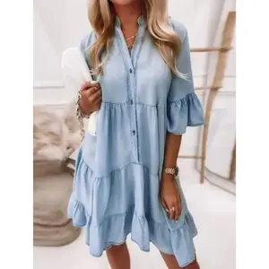 Solid color washed cotton five quarter sleeve A medium length denim dress, women's denim effect printed pleated V-neck dress, summer casual short sleeved dress, fashionable women's daily wear, women's comfort basic light blue minimalismRAIMENTRY