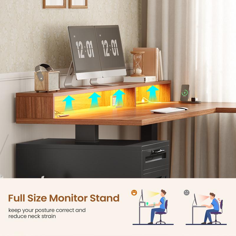 SEDETA 70.1 Inch Farmhouse L Shaped Standing Desk Electric Height Adjustable Executive Desk with Drawers Power Outlet Printer Stand Monitor Stand Led Lights
