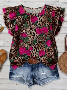 Plus Size Women's Casual Elegant Resort Style Rose Leopard Print Round Neck Double Layer Short Sleeve Loose Top, Summer Fashion, Vacation