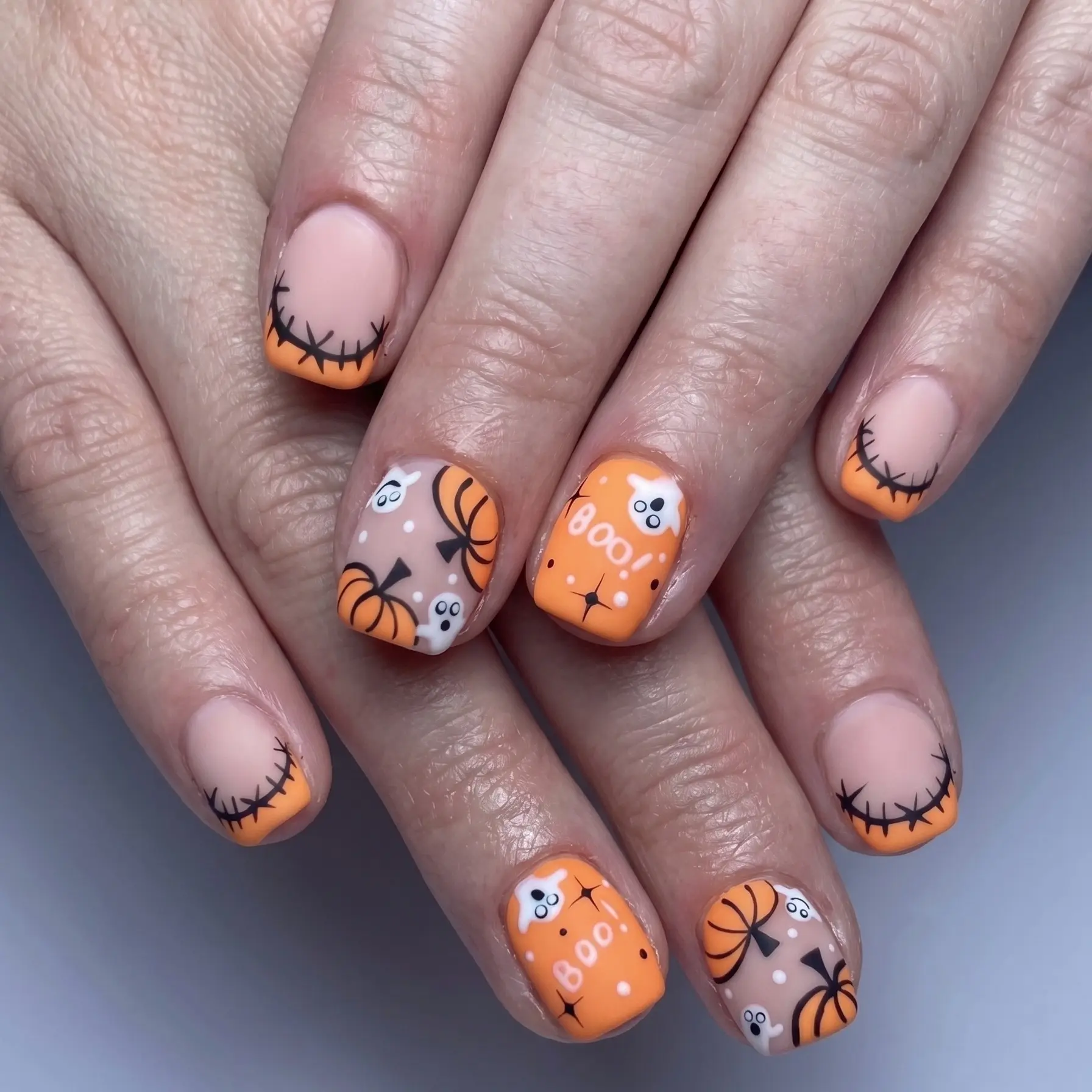 Halloween Press on Nails Short Square 24Pcs - Orange French Tip Fake Nails, Pumpkin Ghost Design Matte False Nails Kit with Glue