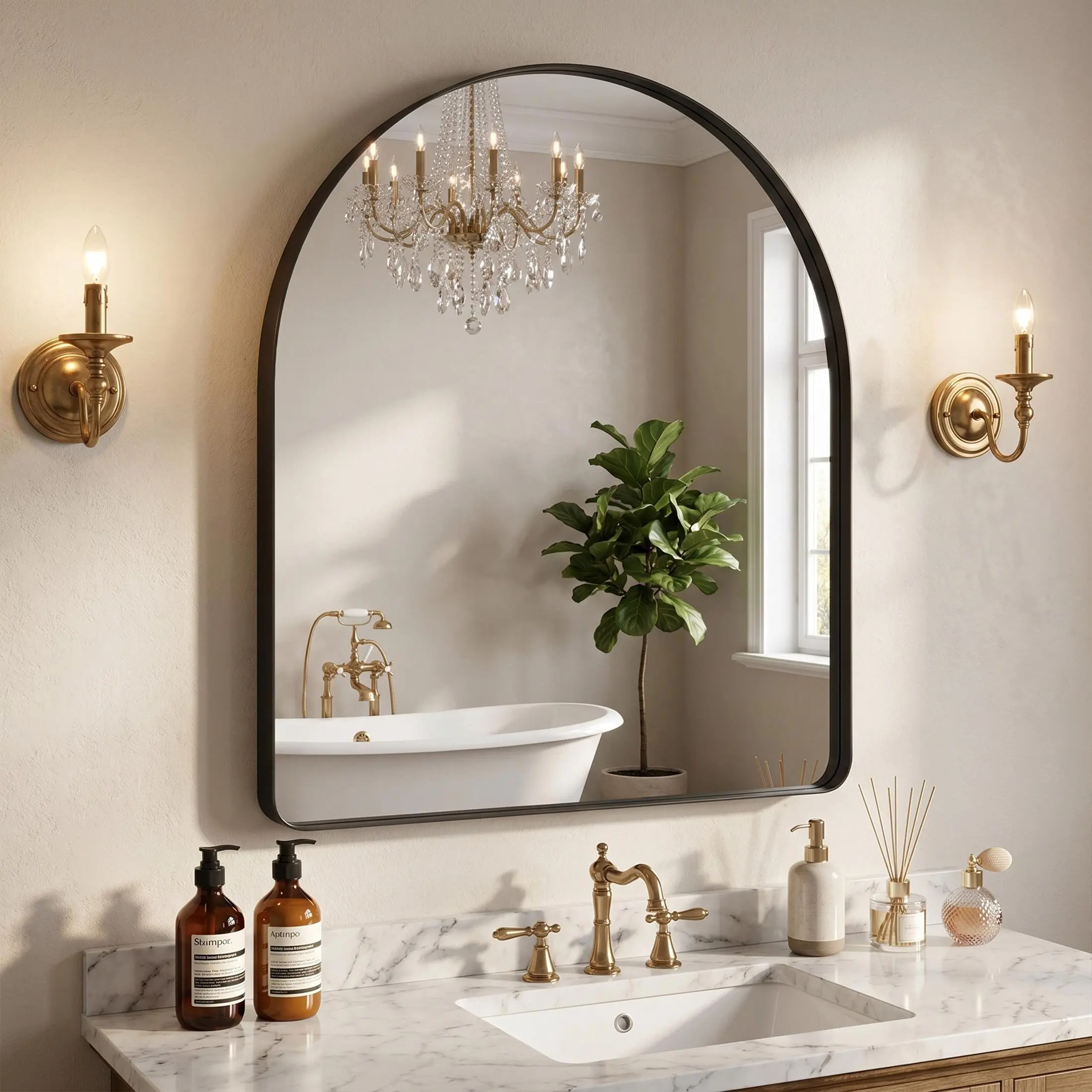 Bathroom Mirror for Wall Aluminum Alloy Framed Mirror, Arched Top Bathroom Vanity Mirror for Living Room, Bedroom, Mantel, Entryway, and Hallways