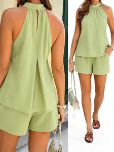 LALUZ Maternity Solid Color Ruched Halter Top And Shorts 2 Piece Set Light Blue Summer Casual