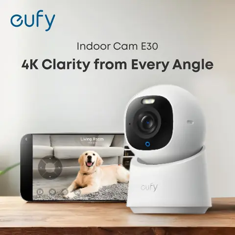 eufy Indoor Cam E30 (Upgrade of C220, Latest Generation) 4K UHD Local WiFi Security Camera, Built-in 360 Pan-Tilt, Color Night Vision, AI Detection, Cry & Audio Alert, Auto Tracking, SD Storage, Works with HomeKit & Alexa, 360 Security Cameras & Systems