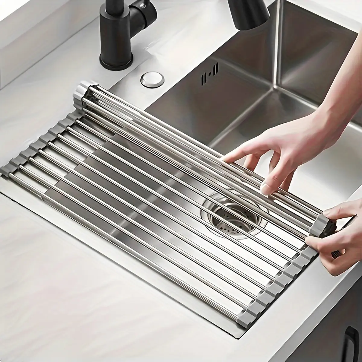 Practical Dishwashing Sink Drying Rack, Stainless Steel Foldable Sink Roll-up Rack, Plate, Bowl and Dish Drying Rack