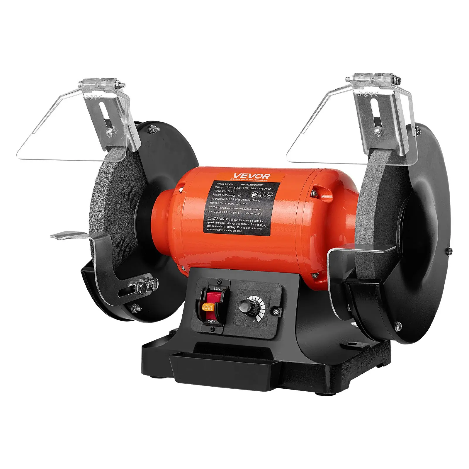 VEVOR 8-in Variable Speed Bench Grinder, 2000-3450RPM, 550W 5.0A Induction Motor, Cast Iron & Steel Body, Solid & Stable Build, 36/60-Grit Wheels, Adjustable Eye Shield for Sharpening Blades & Chisels, Grinding