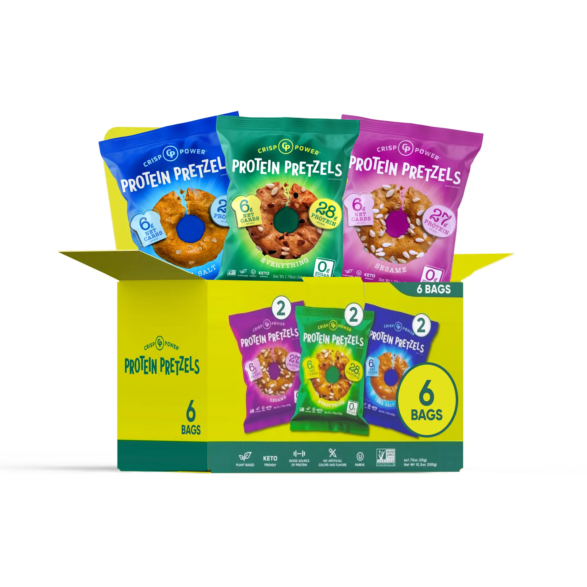 Crisp Power High Protein Pretzel 28g Protein Per Pack. 6 Pack x 1.75 oz Crunchy & Flavorful Plant-Based Snack. No Sugar, 3 Savory Flavors, Vegan, Keto