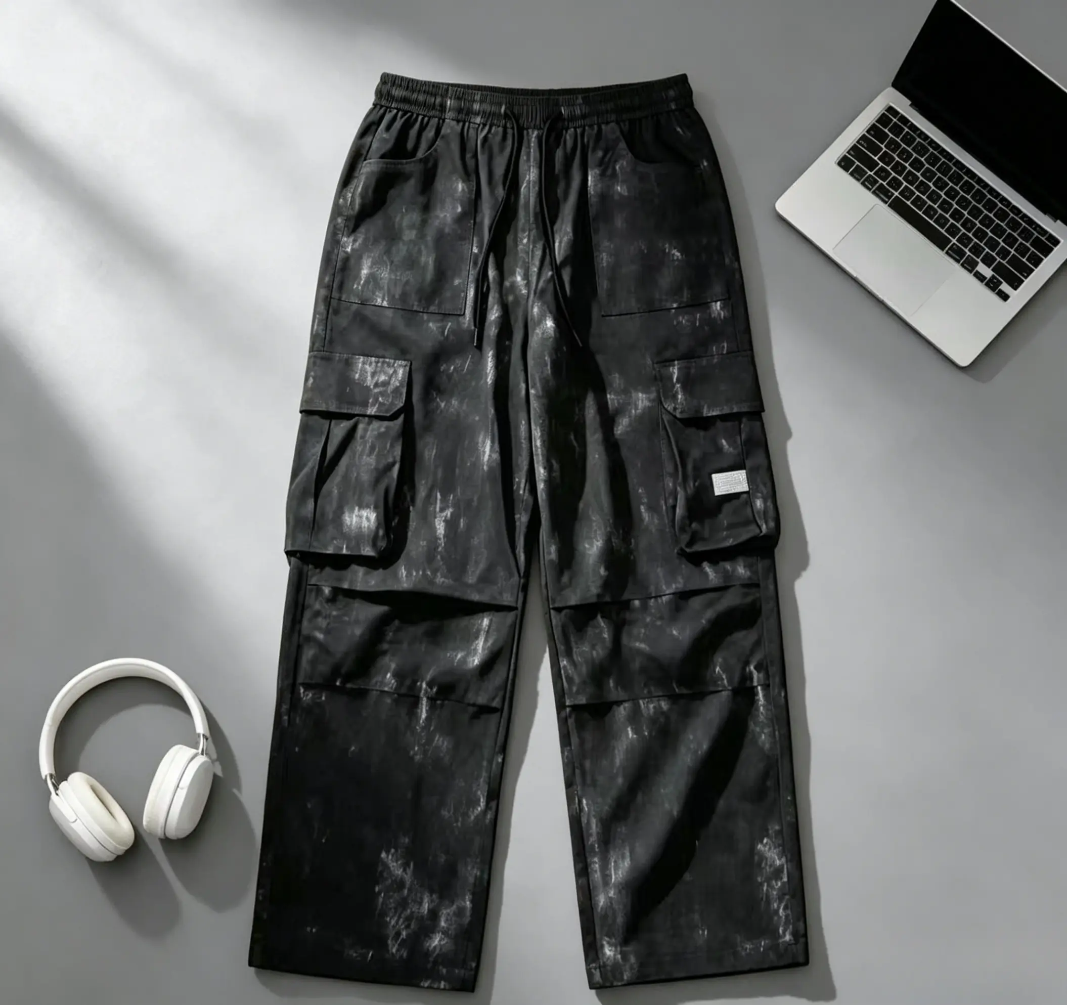 Men’s Black Irregular Tie Dye Wide Leg Cargo Pants Y2K Baggy Streetwear Trousers Hip Hop, Techwear, Gorpcore, TikTok Viral, Dark Aesthetic, Skate Casual summer casual athletic pant fall bottom versatile solid color holiday style essential sweatpants