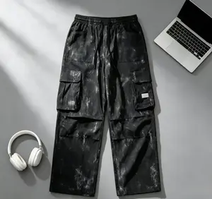 Men’s Black Irregular Tie Dye Wide Leg Cargo Pants Y2K Baggy Streetwear Trousers Hip Hop, Techwear, Gorpcore, TikTok Viral, Dark Aesthetic, Skate Casual