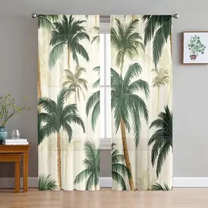 2D Flat 2Pcs Tropical Palm Tree Pattern Curtains for Living Room, Pole Hung Semi Blackout, Transparent, Beach House Decor, Bedroom,, Home Decorative Curtains, Window Curtain, Home Decoration Curtain