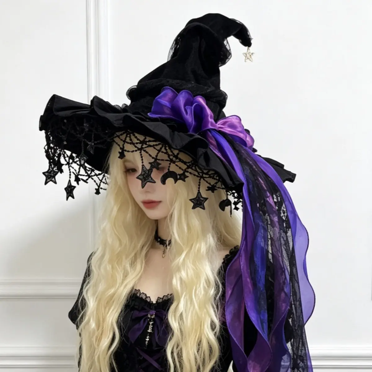 Elegant Black-Purple Witch Hat with Stars, Ruffled Lace - Sports & Outdoor Accessory for Halloween Parties, Cosplay Shows