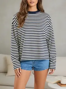 LIA Women's Long Sleeve Striped Shirt, Oversized Sweatshirt and Baggy Tee Shirts with Crewneck Pullover for Y2K Style Fashion