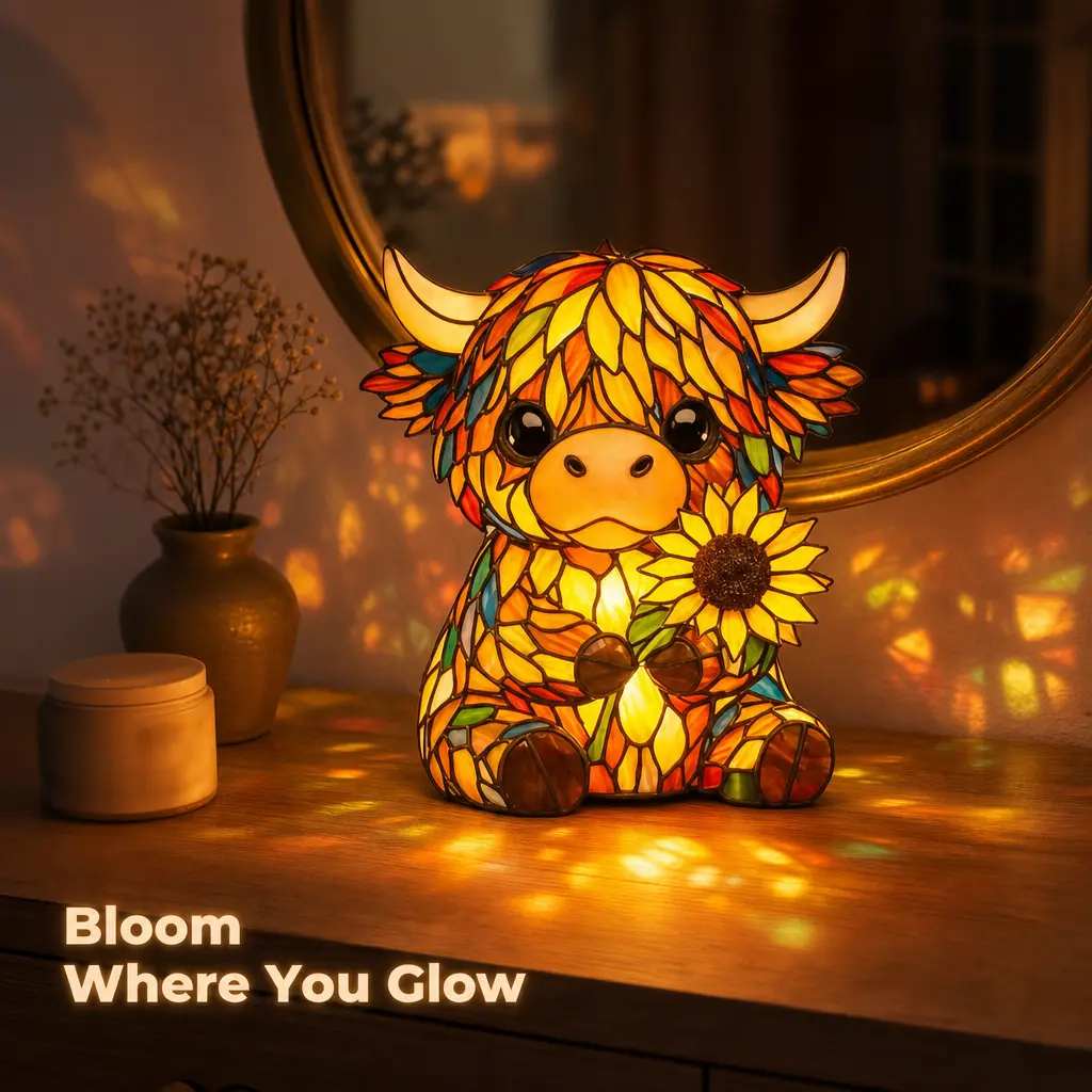 Handcrafted Highland Cow Sunflower LED Night Light, Stained Glass Style Colorful Resin Cow Table Lamp, Cute Farmhouse Animal Decor, Unique Birthday Christmas Housewarming Gift for Cow Lovers Women Kids Friends