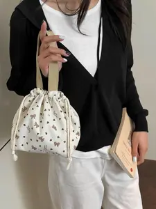 Cute Women's Bow Decor Drawstring Handbag, Durable Travel Storage Bag, Stylish Bucket Clutch, Small Practical Design Shoulder Bag