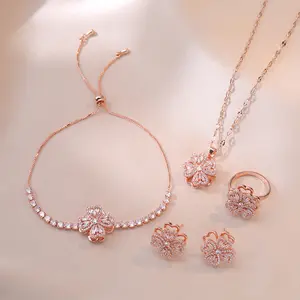 5PCS Pink Jewelry Set, Heart 4-Leaf Clover Rotating Necklace Earrings Ring and Bracelet for Women's Trendy Micro Inlaid Zircon Titanium Steel Necklace