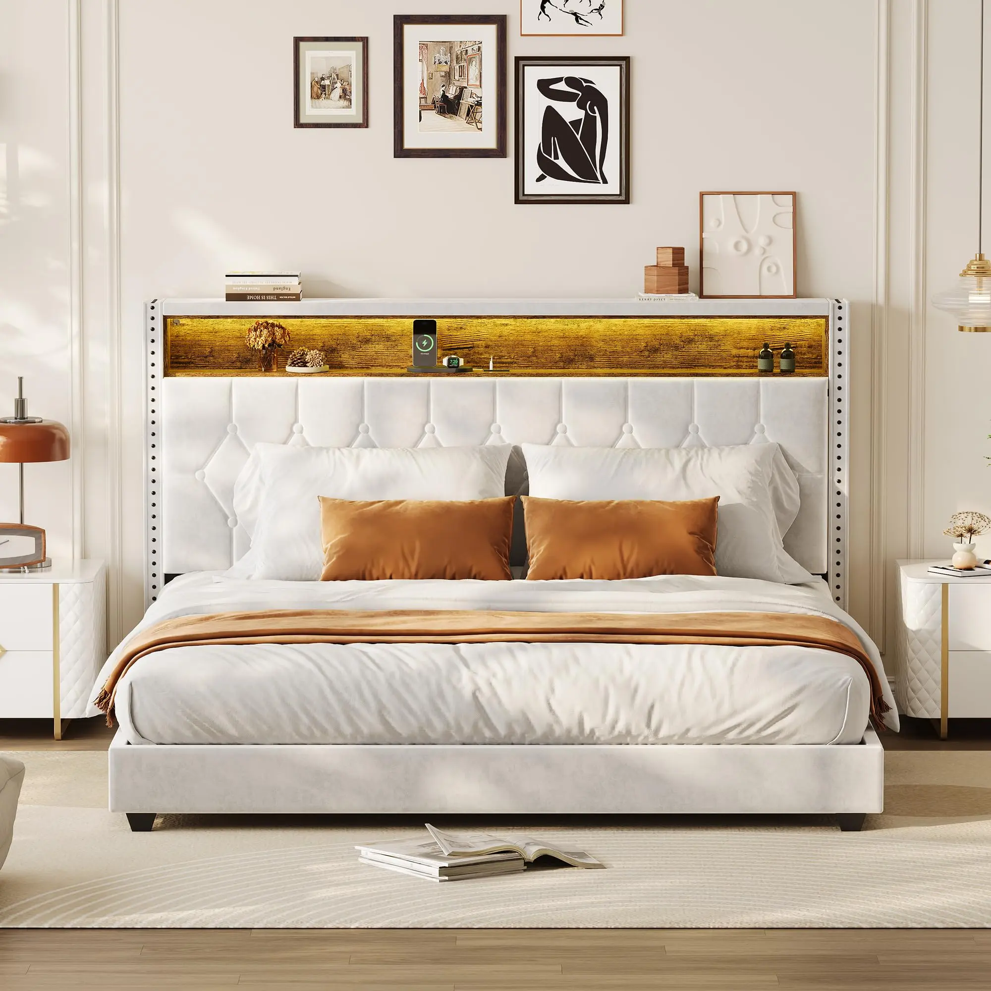 Garvee White Full Size Soft Upholstered Bed Frame with 4 Storage Drawers, Adjustable Headboard, Easy to Assemble, No Box Spring Needed