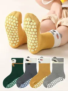 Baby Floor Socks 4 Pairs Cartoon Animal Design, Soft Sole Indoor Non-Slip Shoes for Boys & Girls, Perfect for Daily Casual Wear, Cute Textured Socks