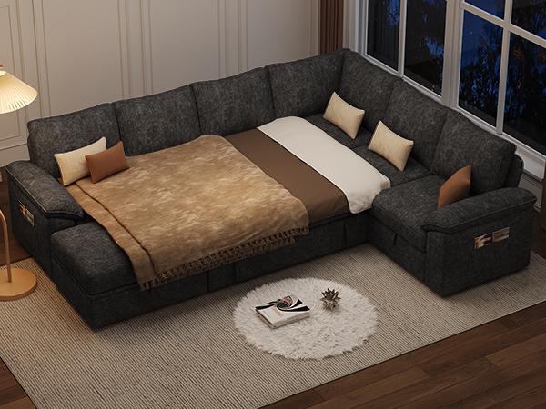 【3-4 Packages】108 Inch Sectional Sleeper Sofa with Pull Out Bed, U Shaped 5/7 Seat Modular Sectional Sofa with Storage, Sectional Couches for Living Room, Cloud Modular Couch, Removable Sofa Cover#daybed