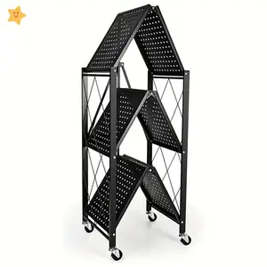 3-Layer Foldable Storage Rack with Wheels |   High Load-bearing Capacity, Suitable for Garage and Kitchen Use, Black Iron Shelving Unit, Practical and Multipurpose, Utility Racks
