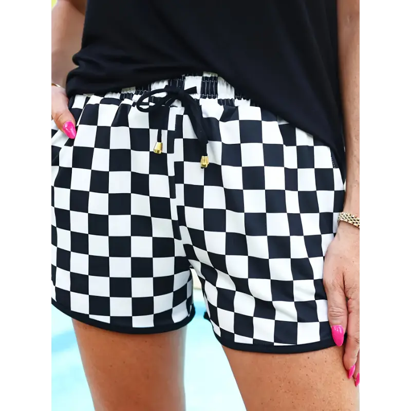 Casual Plaid Shorts for Women, Baggy Knit Style with Drawstring Waistband and High Elasticity