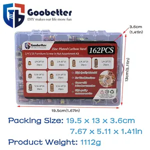 162-Piece Imperial and Metric Threaded Wood Dowel Set - Galvanised Carbon Steel Furniture Nuts for Hardware Fastening Applications