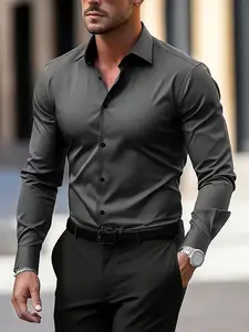 Men's Elegant Shirt, Regular Fit, Classic Collar, Long Sleeve, Solid Color, Iron-Free Fabric, Suitable for Business & Casual Wear, Casual Party Shirt
