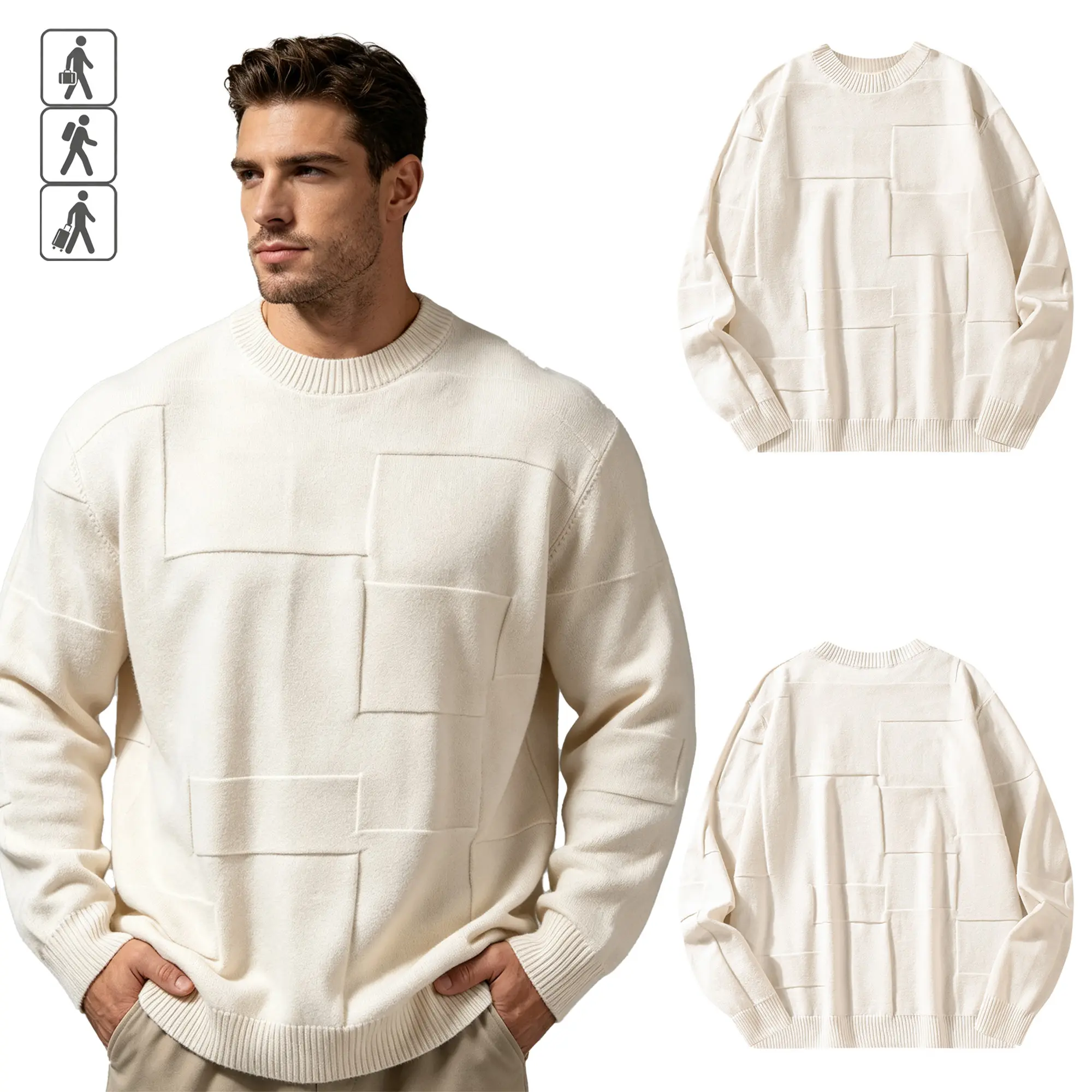 Men's Textured Round Neck Long Sleeve Acrylic Blend Sweater, Geometric Block Pattern, Stretch Soft Knit Pullover, Ribbed Trim, Minimalist Casual No-Logo Jumper, All Seasons Tops, S-2XL, Fast US Shipping #TexturedSweater #MensMinimalist #TikTokMadeMeBuyIt