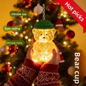 2026 New Bear Glass Cup Cute Cartoon Large Capacity Coffee Cup New Year Glass Cup Bear Glass Cup with Straw and Lid High Borosilicate Glass Mug for All Drinks Gift for Couples Family Friends Holiday Birthday Gift