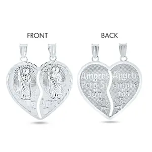 925 Silver Heart Breakable San Judas Couple Necklace Sold with Chains or Just Pendant, 3MM Figaro Chains