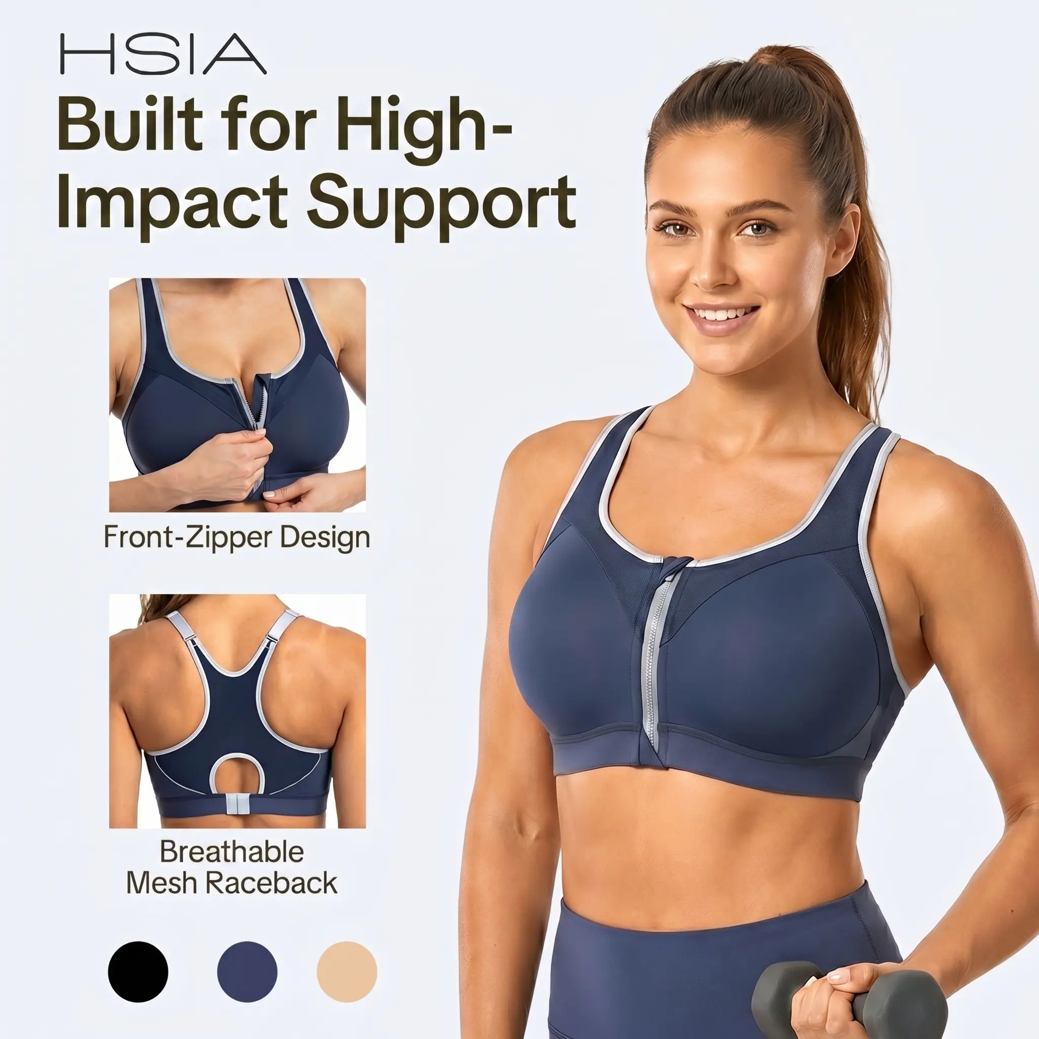 HSIA Speed Race Front Zipper Easy on/off Plus Size High Impact Wireless Fixed Cups Full Coverage Supportive Sports Bras Racerback Workout Bra Breathable Moisture Wicking Fabric Mesh Back Bra Adjustable Wide Padded Straps Gym Running Bra For Big Bust Women