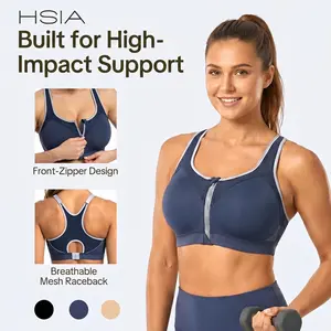 HSIA Speed Race Front Zipper Easy on/off Plus Size High Impact Wireless Fixed Cups Full Coverage Supportive Sports Bras Racerback Workout Bra Breathable Moisture Wicking Fabric Mesh Back Bra Adjustable Wide Padded Straps Gym Running Bra For Big Bust Women