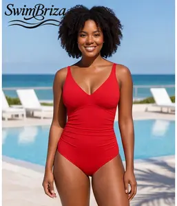 Briza｜V Neck Tummy Control One Piece Swimsuit Women Red Ruched Bathing Suit Slimming Swimwear Cute Summer Beachwear Vacation, Women's Swimwear, Bathing Suit for Women, Beach Pool Summer Vacation for Women, Resort Cruise Beachwear, Vacation Swimwear