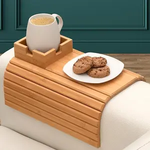 Bamboo Couch Cup Holder, Couch Arm Table & Couch Armrest Tray with Couch Cup Holder Tray Table for Couch, or Loveseat