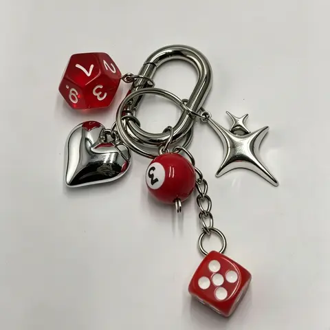Dice & Billiard Ball Bag Charm, Bag Accessories Charms Multi-Element Color-Block Dangle Design "Yabi" Style American Retro Style Thickened Alloy Spring Clasp For Bags, Keys, And Earphone Cases Keychain