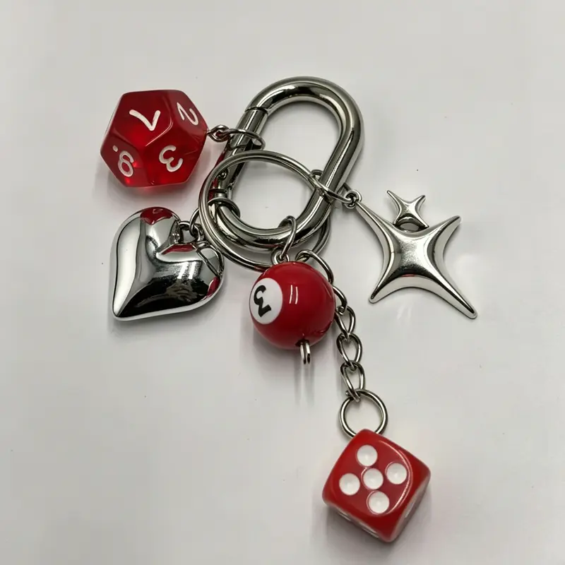 Dice & Billiard Ball Bag Charm, Bag Accessories Charms Multi-Element Color-Block Dangle Design "Yabi" Style American Retro Style Thickened Alloy Spring Clasp For Bags, Keys, And Earphone Cases Keychain