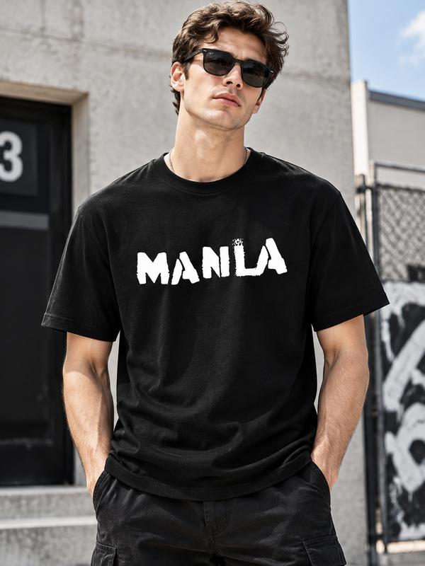 Men's Fitted Cotton Graphic Tee - Crew Neck, Short Sleeve, Distressed Manila City Name Print, Bold Typo, Casual Streetwear, Machine Washable Cold Normal Menswear Tshirt Top