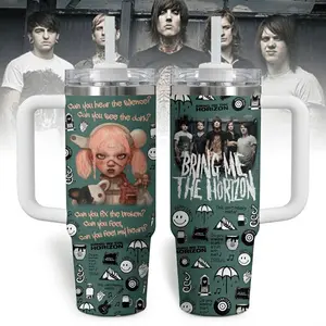 Bring Me The Horizon 40oz Tumbler with Handle - BMTH Music Band Aesthetic Insulated Cup - Metalcore Band Merch - Can You Feel My Heart Song Lyrics Travel Mug - Alternative Rock Fan Gift