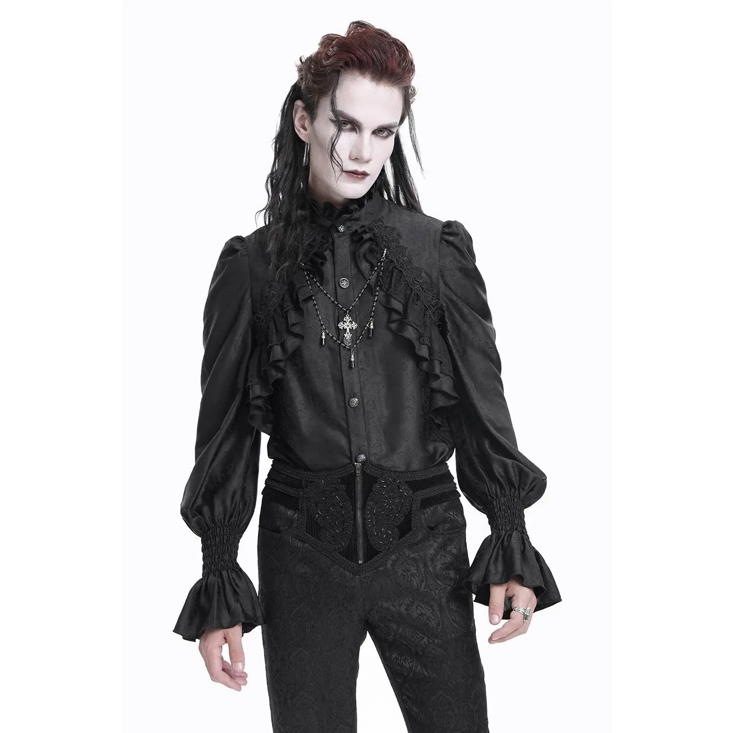Men's Van Helsing Vampire Hunter Lace-Accented Flared Button-Up Shirt, Menswear with Chain-Detailed Premium Fabric