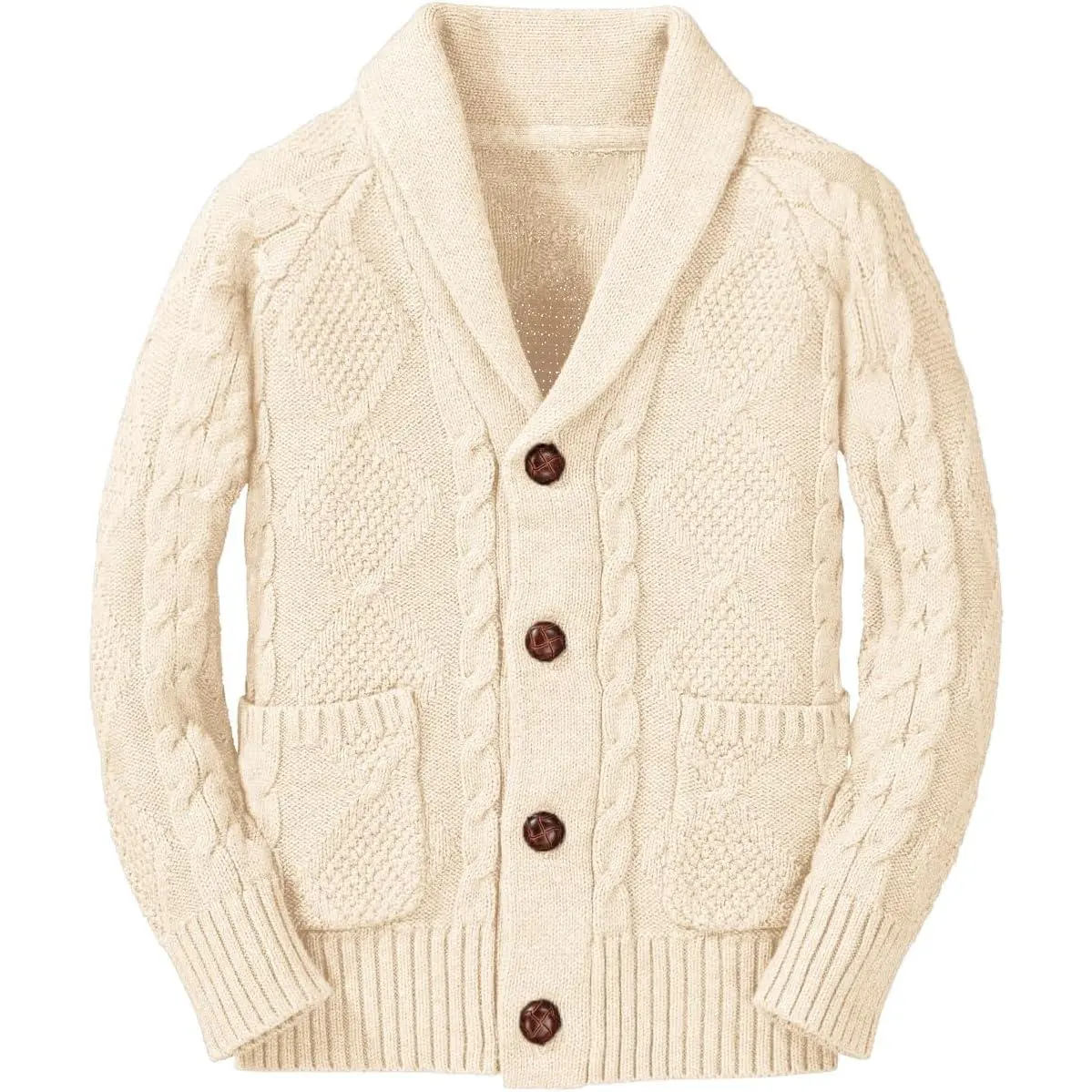 Boy's Sweater Cardigan Button Down Shawl Collar Cable Knitted Outwear Sweater Coats with Pockets