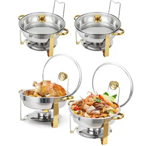 Chafing Dishes for Buffet 4 Pack, 5QT Round Chafing Dish Buffet Set with Visible Glass Lid Stainless Steel Buffet Food Warmers Sets for Wedding Party Banquet, Gold and Silver