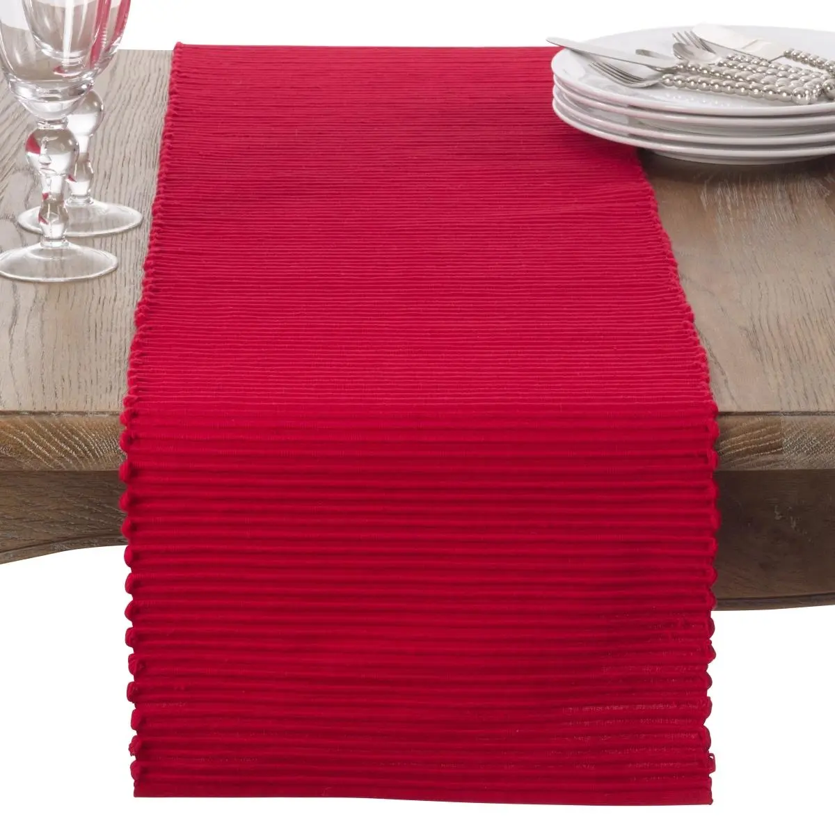 Saro Lifestyle 2126.R13120B Ribbed Design Table Runner - 120 in, Red, All-Seasons, Versatile Household Kitchen Linen Textile